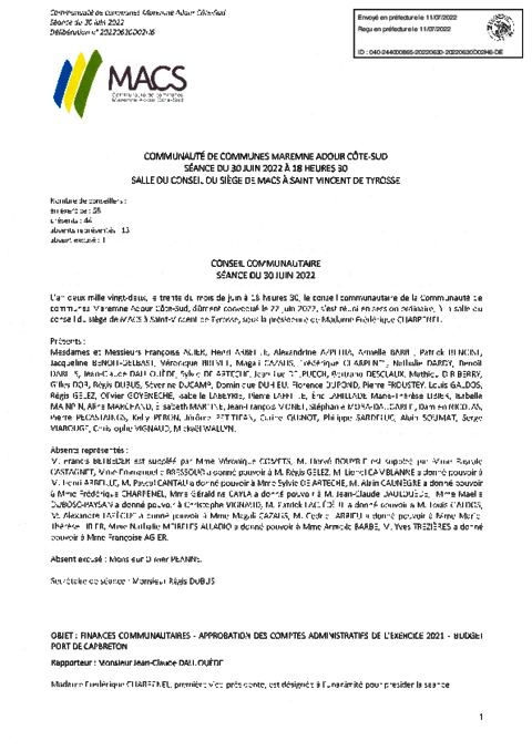 20220630D02H6 APPROBATION DES COMPTES ADMINISTRATIFS DE L’EXERCICE 2021 - BUDGET PORT DE CAPBRETON